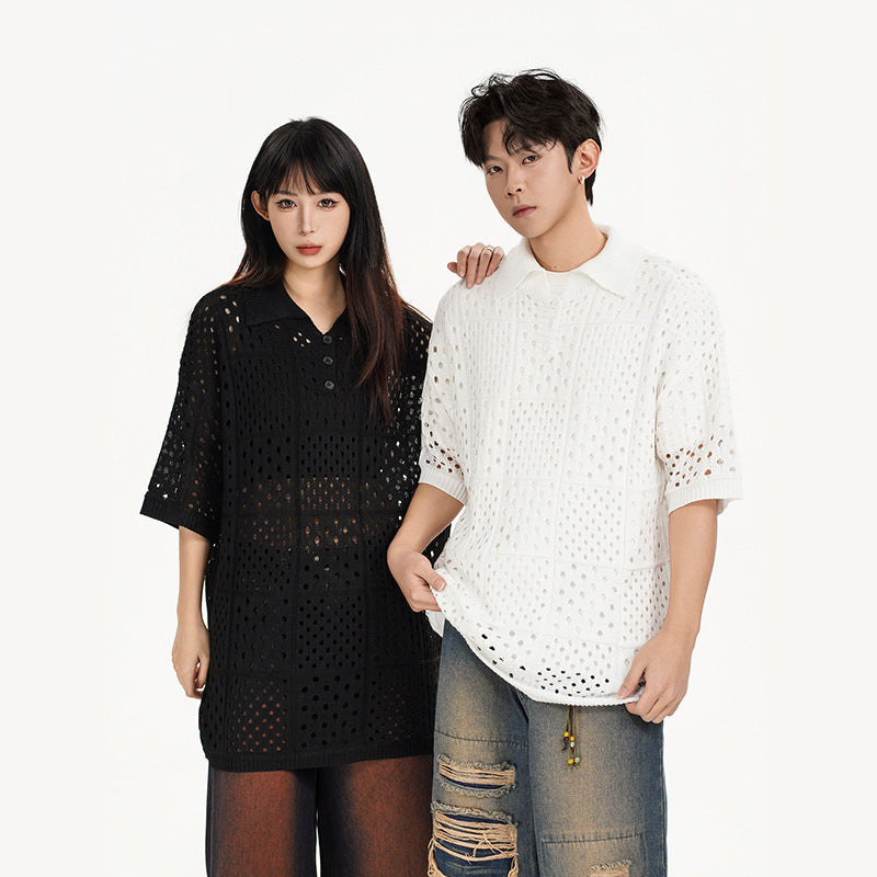 Summer Style Solid Color Hollow High-Grade Short Sleeve Knitted Polo Shirt Unisex High Street Loose Top