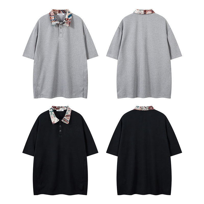 Men's Fashion Short Sleeve Polo Shirt Summer Retro Design Streetwear Casual Collar T-Shirt Unisex