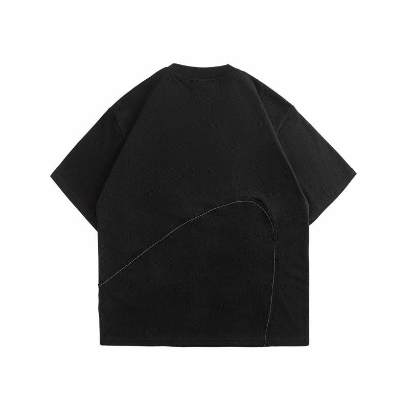 Half arc splicing round neck T-shirt men's short sleeved printed top