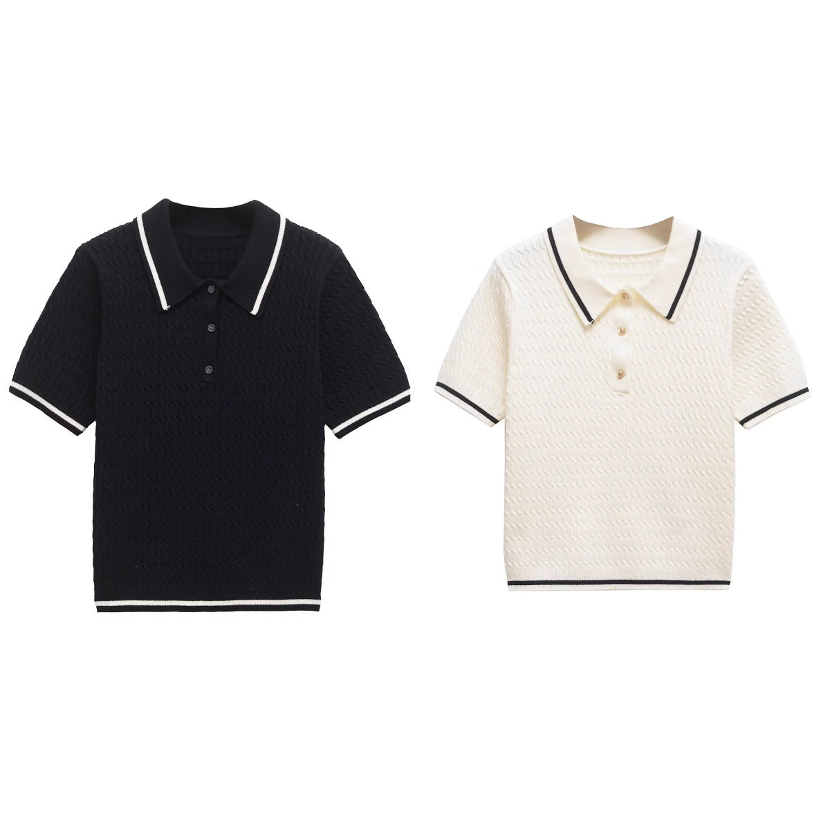 Polo collar short sleeved T-shirt with contrasting edge decoration for women