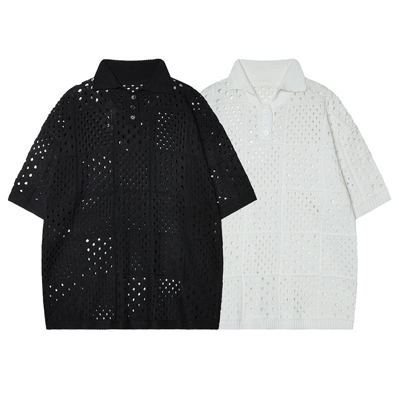 Summer Style Solid Color Hollow High-Grade Short Sleeve Knitted Polo Shirt Unisex High Street Loose Top