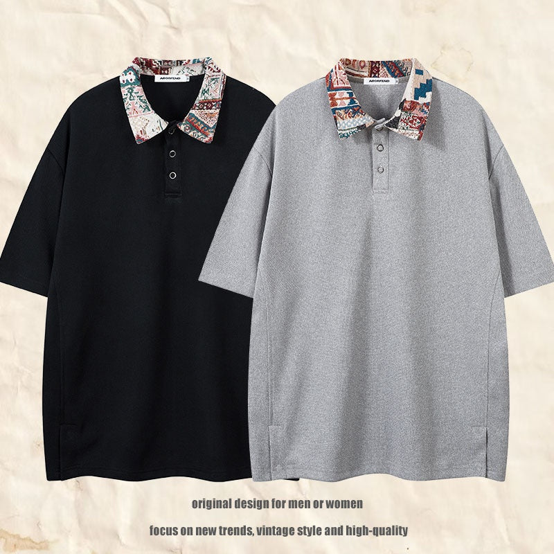 Men's Fashion Short Sleeve Polo Shirt Summer Retro Design Streetwear Casual Collar T-Shirt Unisex