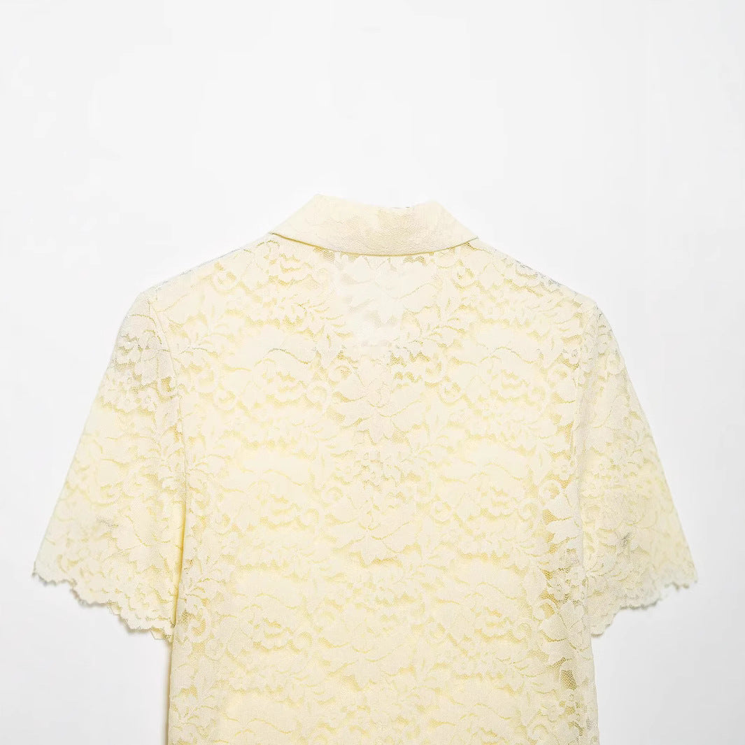 Versatile POLO collar lace short sleeved shirt top for women