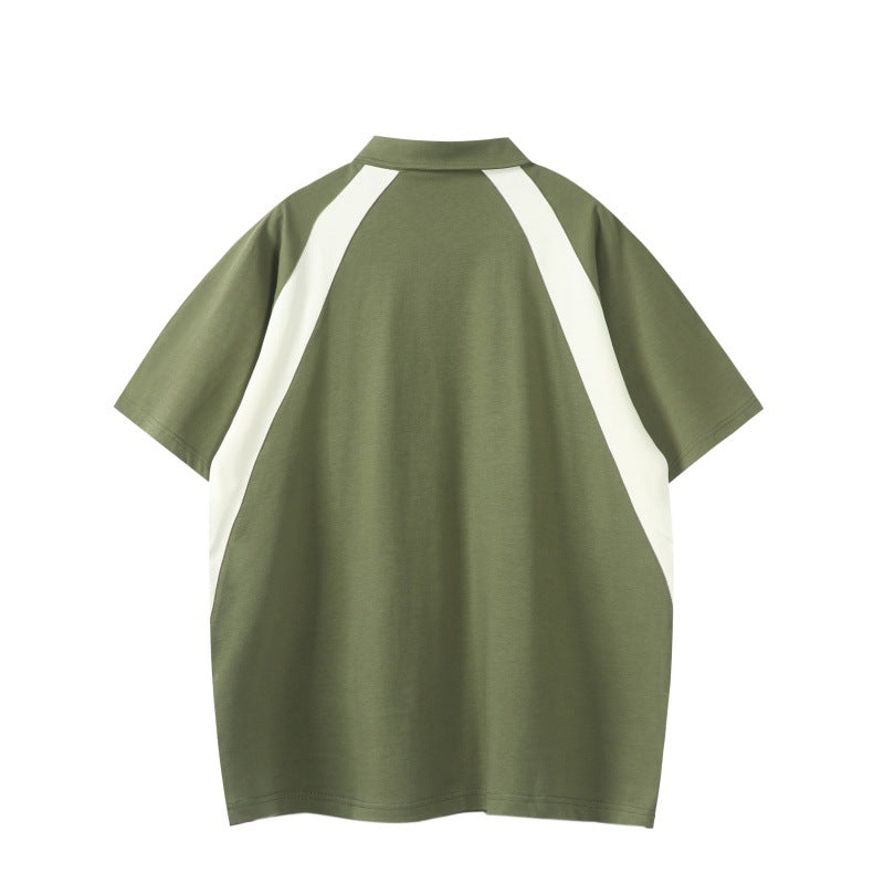 Color blocking splicing half zipper lapel polo shirt short sleeved