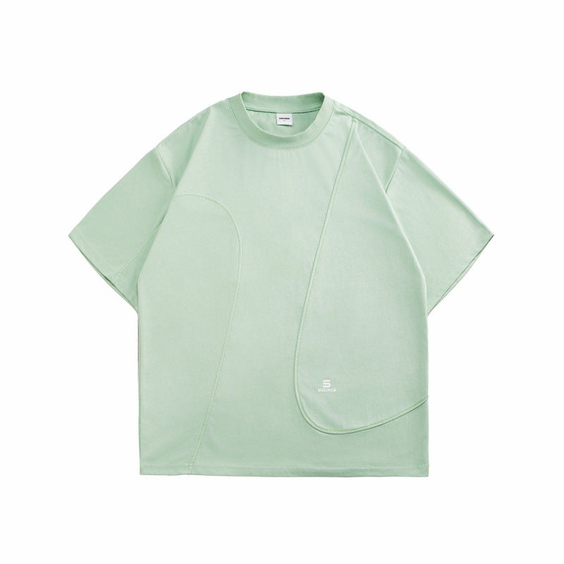 Half arc splicing round neck T-shirt men's short sleeved printed top