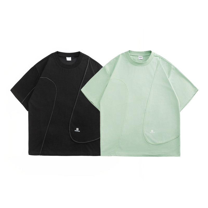 Half arc splicing round neck T-shirt men's short sleeved printed top