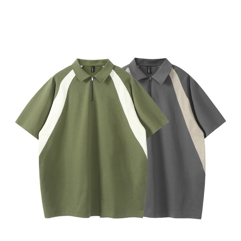 Color blocking splicing half zipper lapel polo shirt short sleeved