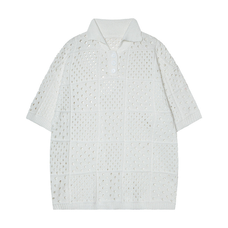 Summer Style Solid Color Hollow High-Grade Short Sleeve Knitted Polo Shirt Unisex High Street Loose Top