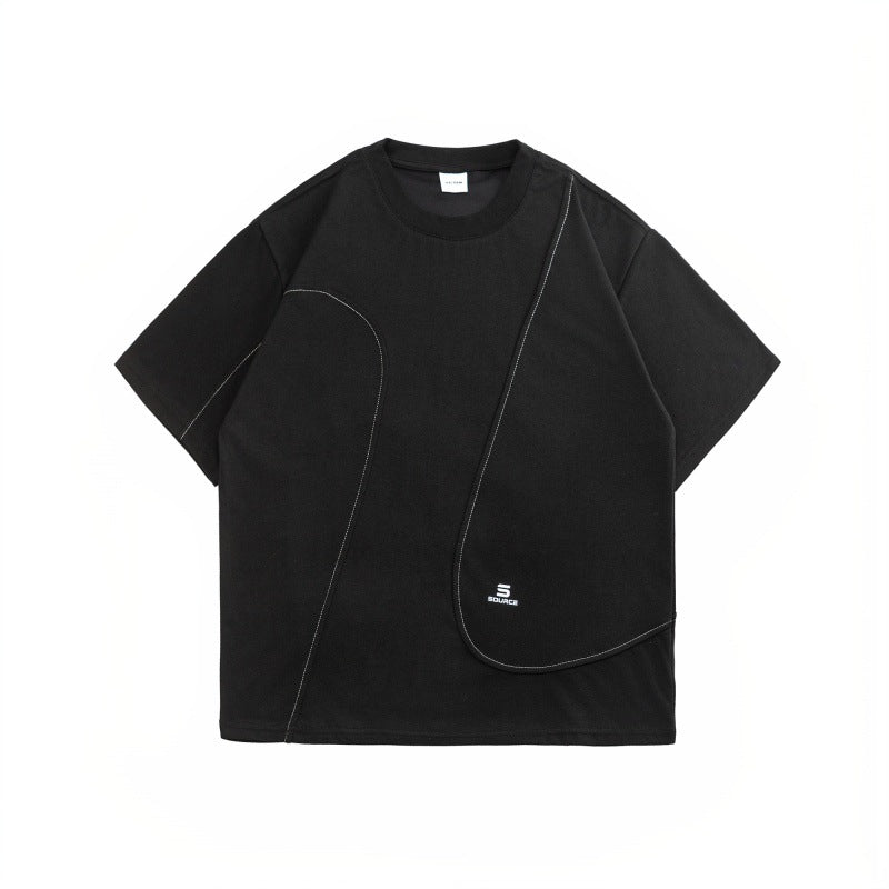 Half arc splicing round neck T-shirt men's short sleeved printed top