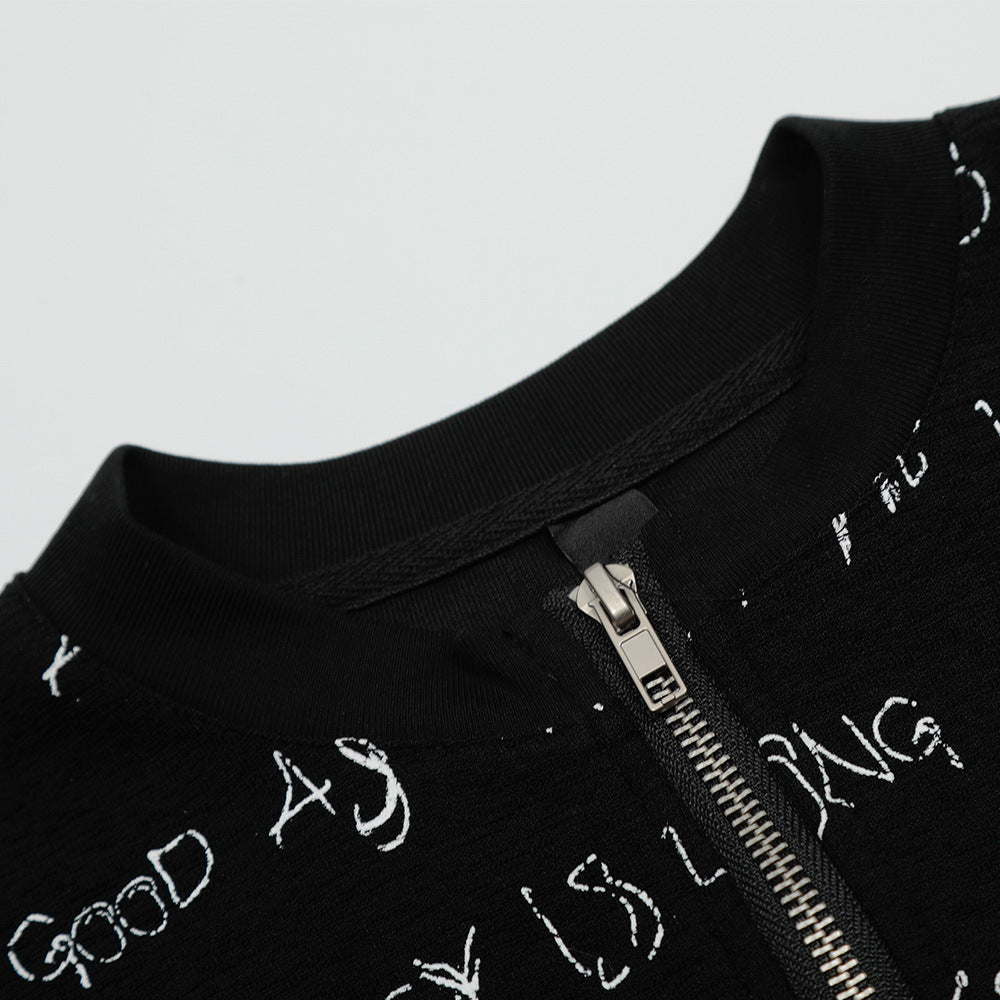 Half-Zip Letter Print Short Sleeve T-Shirt Men's Summer   Retro Trendy Design Crew Neck Tee