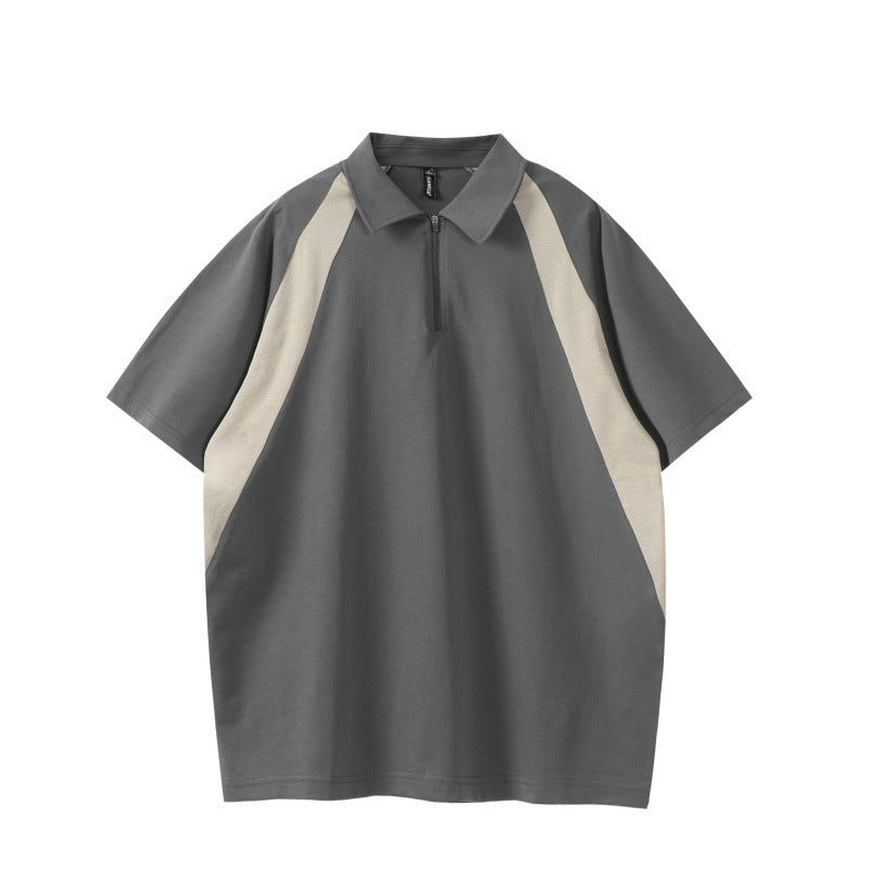 Color blocking splicing half zipper lapel polo shirt short sleeved
