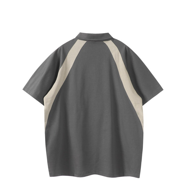 Color blocking splicing half zipper lapel polo shirt short sleeved