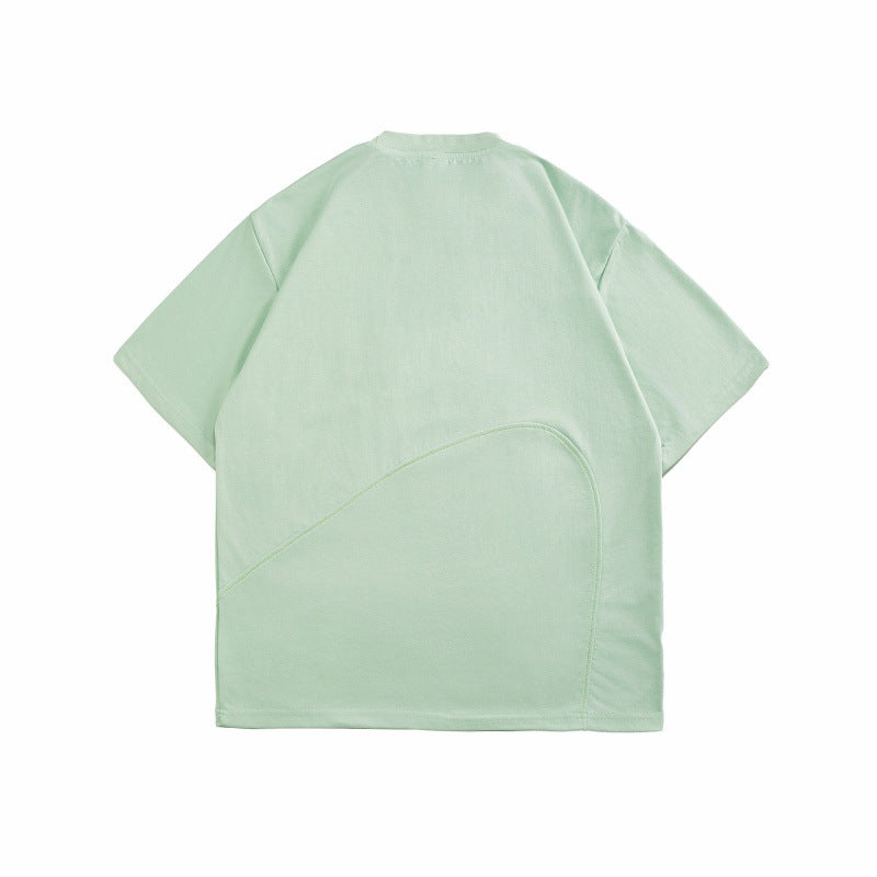 Half arc splicing round neck T-shirt men's short sleeved printed top