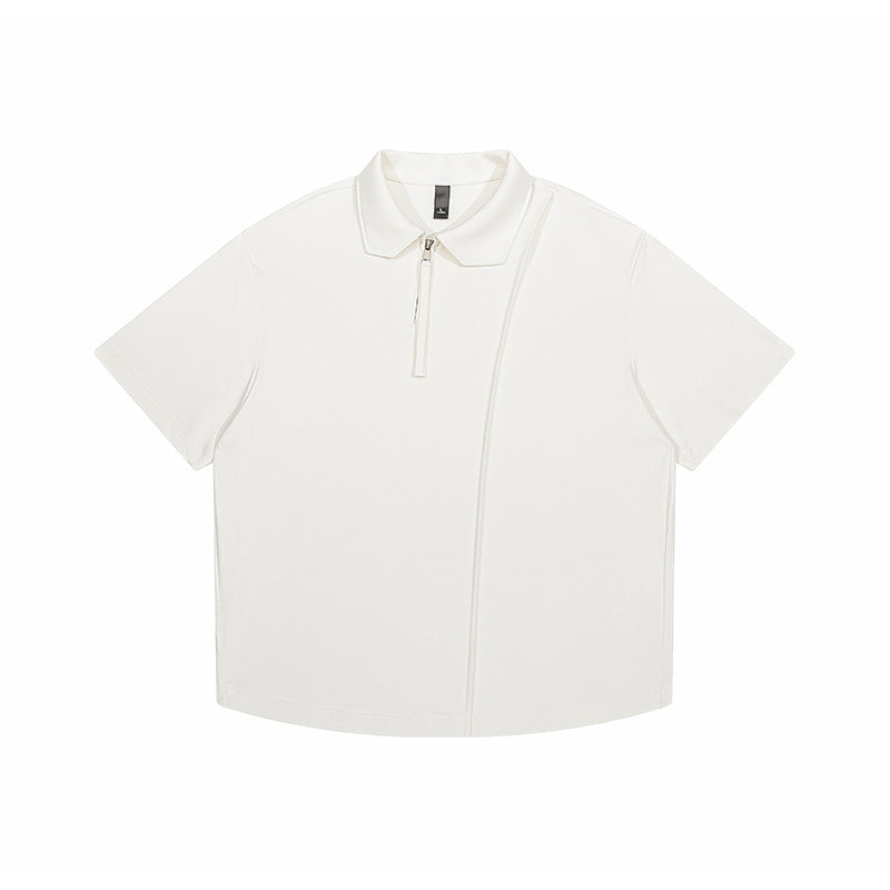 Solid color wrinkled splicing loose lapel short sleeved shirt