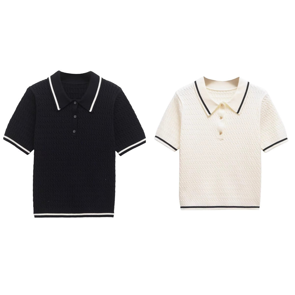 Polo collar short sleeved T-shirt with contrasting edge decoration for women