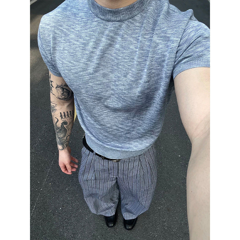 Retro Knitted Short sleeved T-shirt for Men in Summer