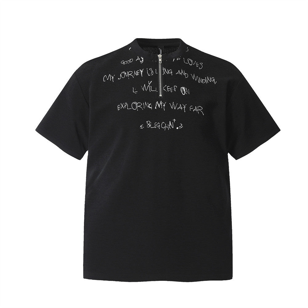 Half-Zip Letter Print Short Sleeve T-Shirt Men's Summer   Retro Trendy Design Crew Neck Tee