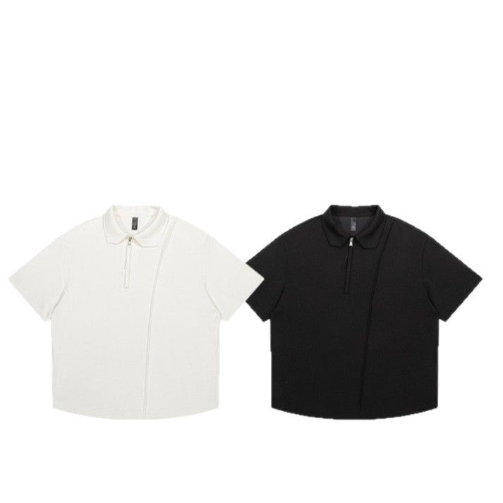 Solid color wrinkled splicing loose lapel short sleeved shirt