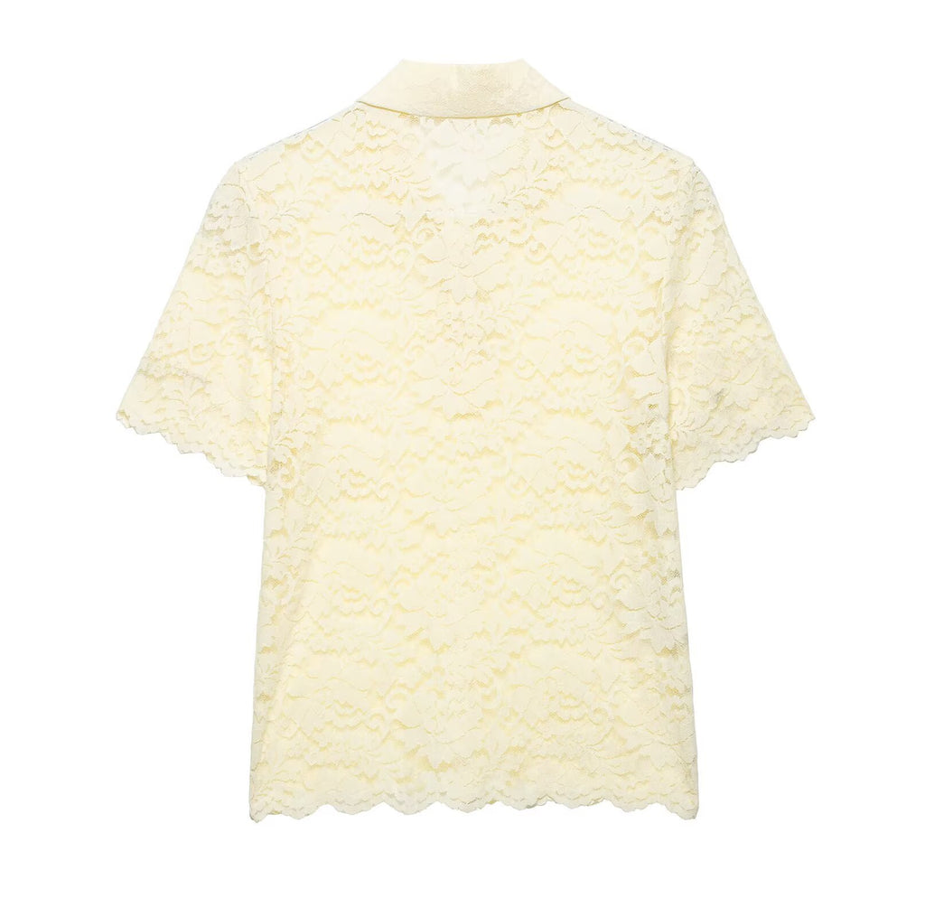 Versatile POLO collar lace short sleeved shirt top for women