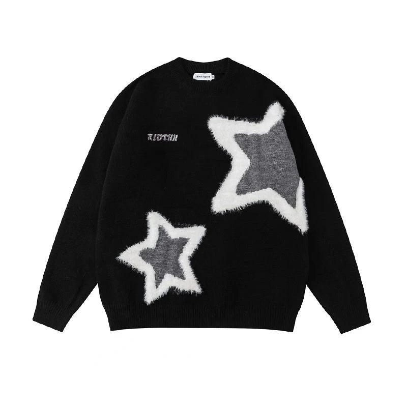 Star Flocked Couple Sweater Oversized Pullover Long Sleeved Thickened Mens Womens Loose Versatile Casual Sweaters