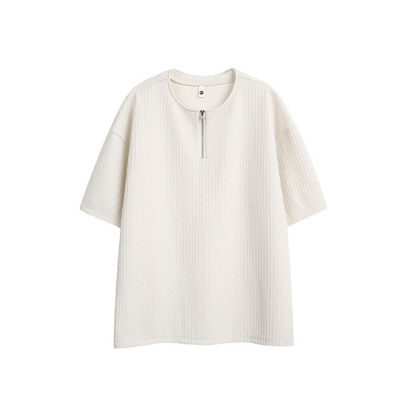 Solid color half zipper loose casual short sleeved shirt