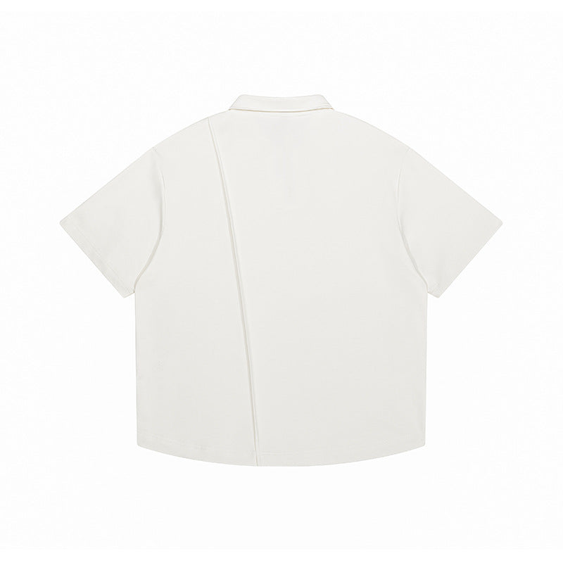 Solid color wrinkled splicing loose lapel short sleeved shirt