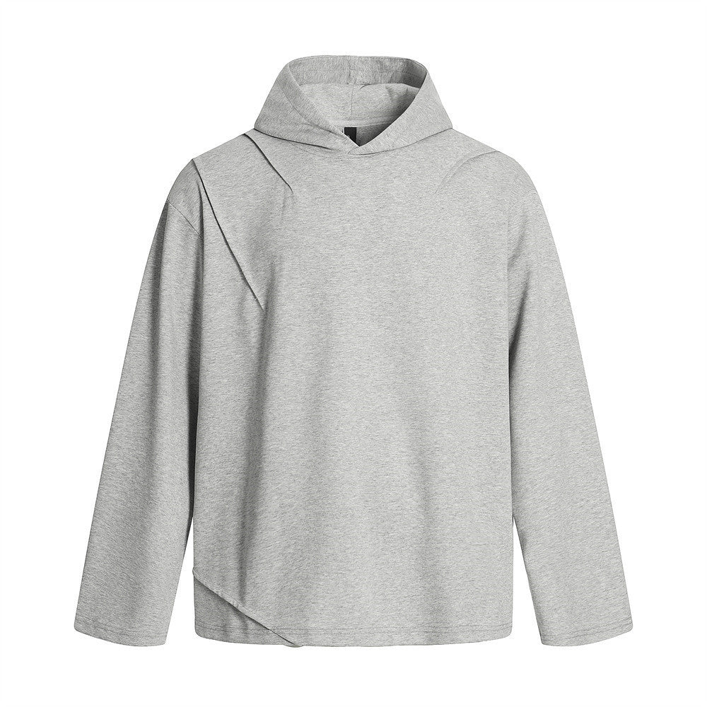 Style Hooded Sweatshirt for Men - Solid Color V-Neck Cross Collar Design with Pleated Details