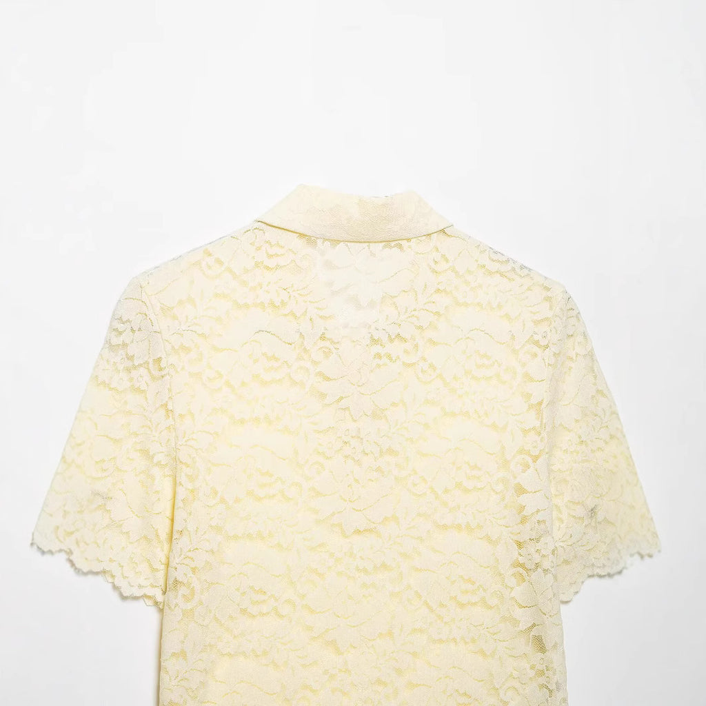 Versatile POLO collar lace short sleeved shirt top for women