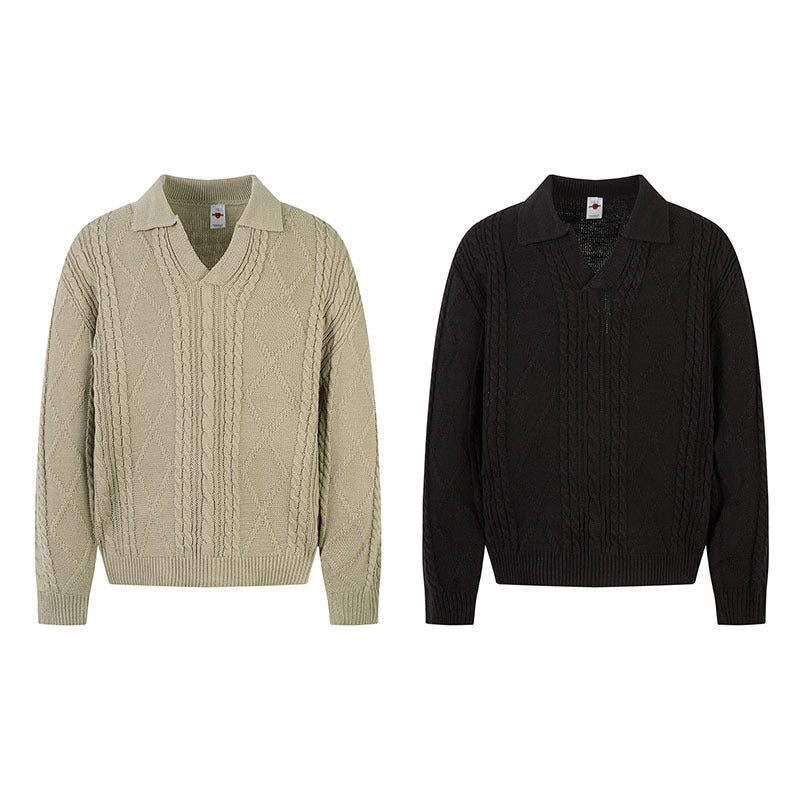 Cable Knit Collar Sweater Men Loose Fit Versatile Old Money Style Knit Top