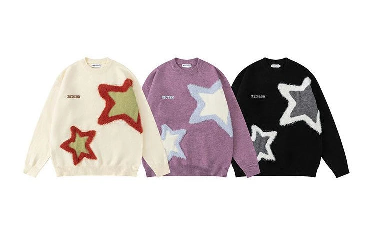 Star Flocked Couple Sweater Oversized Pullover Long Sleeved Thickened Mens Womens Loose Versatile Casual Sweaters