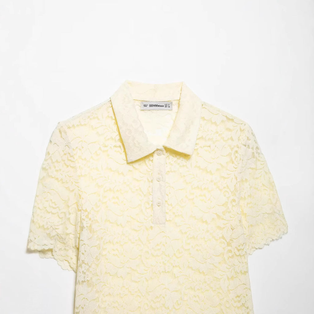Versatile POLO collar lace short sleeved shirt top for women