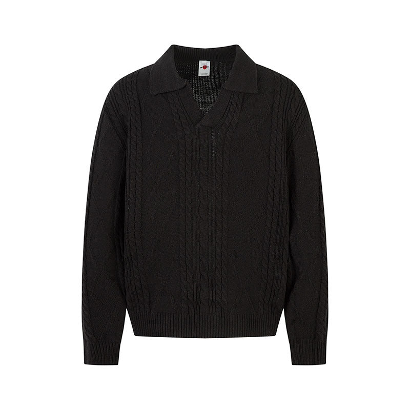 Cable Knit Collar Sweater Men Loose Fit Versatile Old Money Style Knit Top