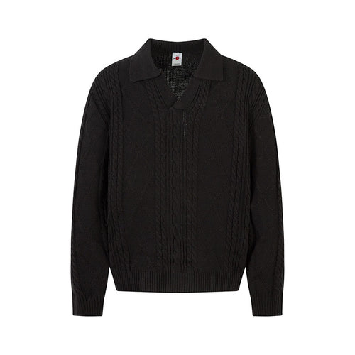 Cable Knit Collar Sweater Men Loose Fit Versatile Old Money Style Knit Top