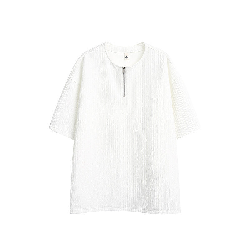 Solid color half zipper loose casual short sleeved shirt