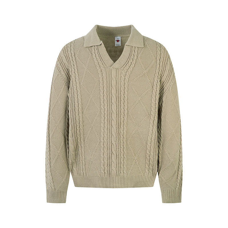 Cable Knit Collar Sweater Men Loose Fit Versatile Old Money Style Knit Top