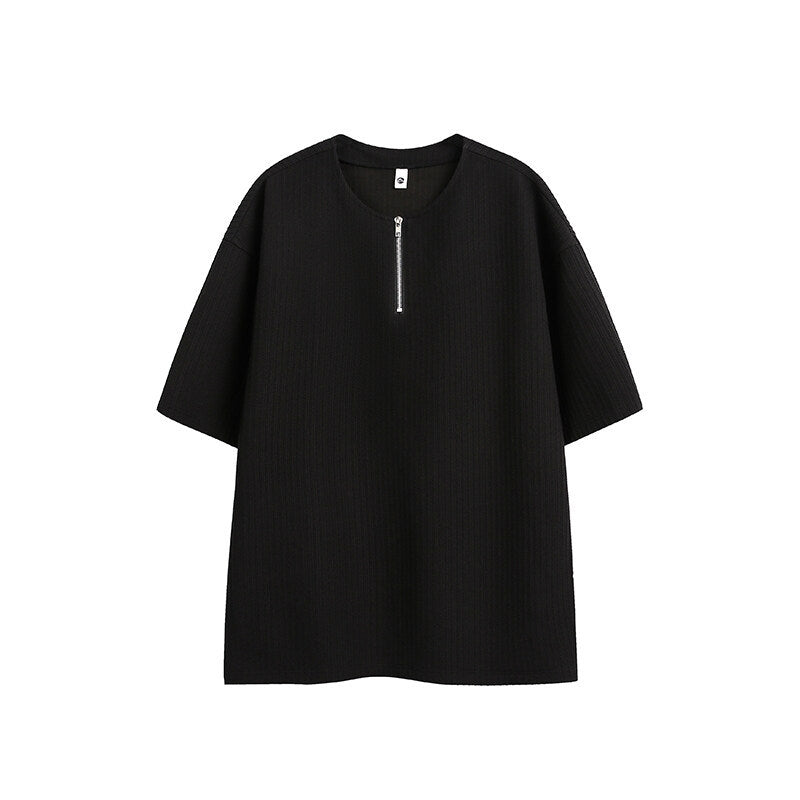 Solid color half zipper loose casual short sleeved shirt