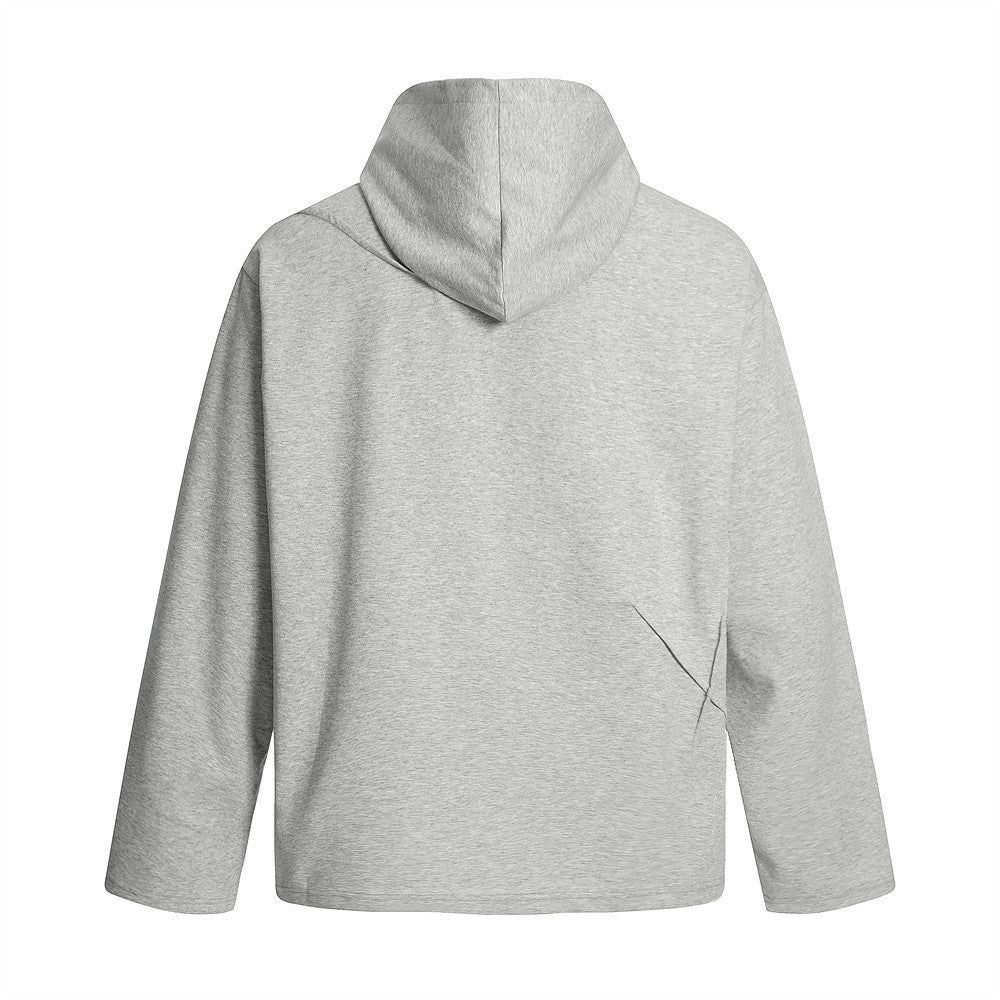 Style Hooded Sweatshirt for Men - Solid Color V-Neck Cross Collar Design with Pleated Details