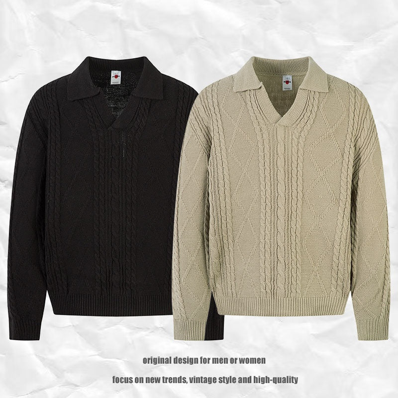Cable Knit Collar Sweater Men Loose Fit Versatile Old Money Style Knit Top