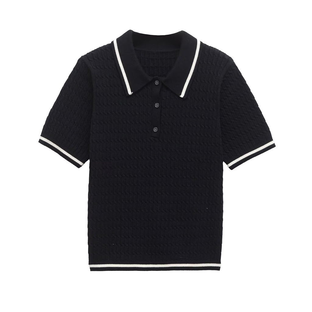 Polo collar short sleeved T-shirt with contrasting edge decoration for women