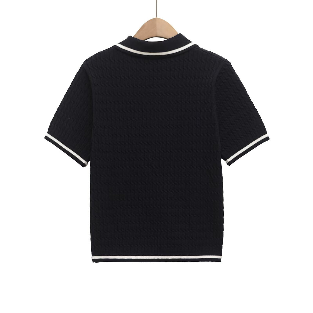 Polo collar short sleeved T-shirt with contrasting edge decoration for women