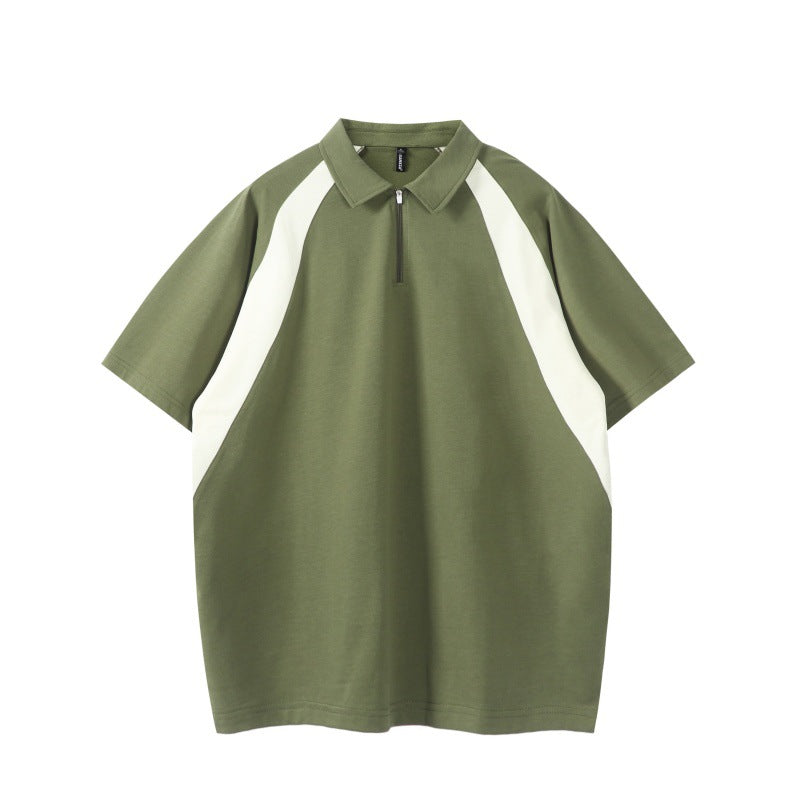 Color blocking splicing half zipper lapel polo shirt short sleeved