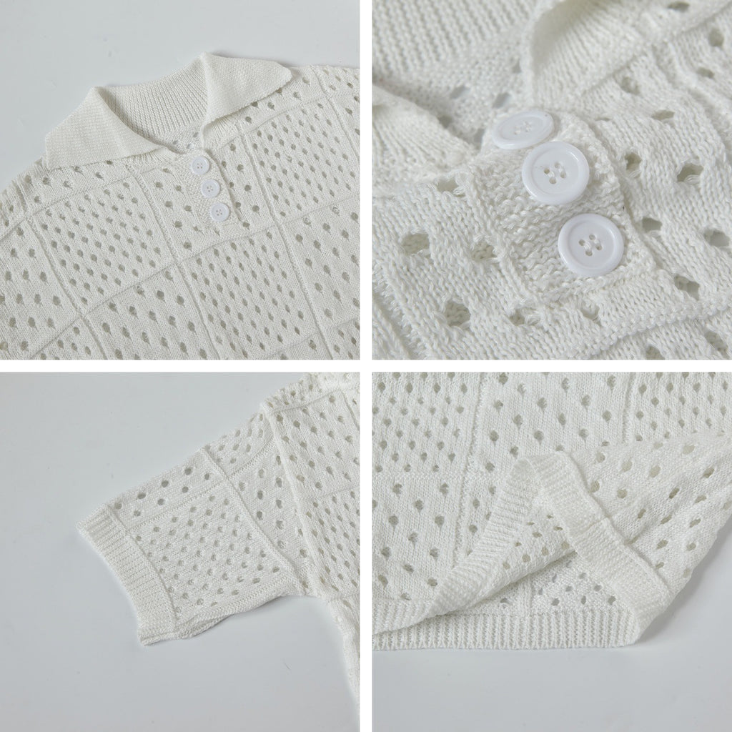 Summer Style Solid Color Hollow High-Grade Short Sleeve Knitted Polo Shirt Unisex High Street Loose Top