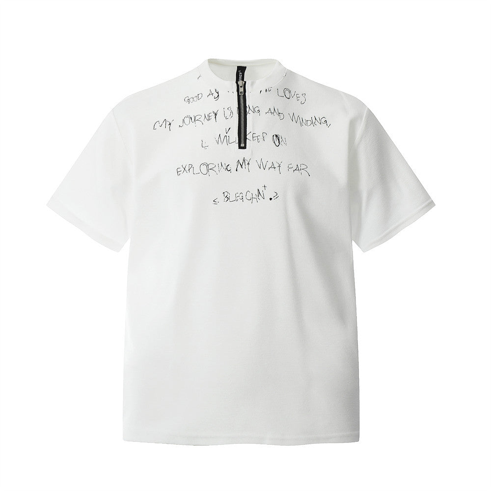 Half-Zip Letter Print Short Sleeve T-Shirt Men's Summer   Retro Trendy Design Crew Neck Tee
